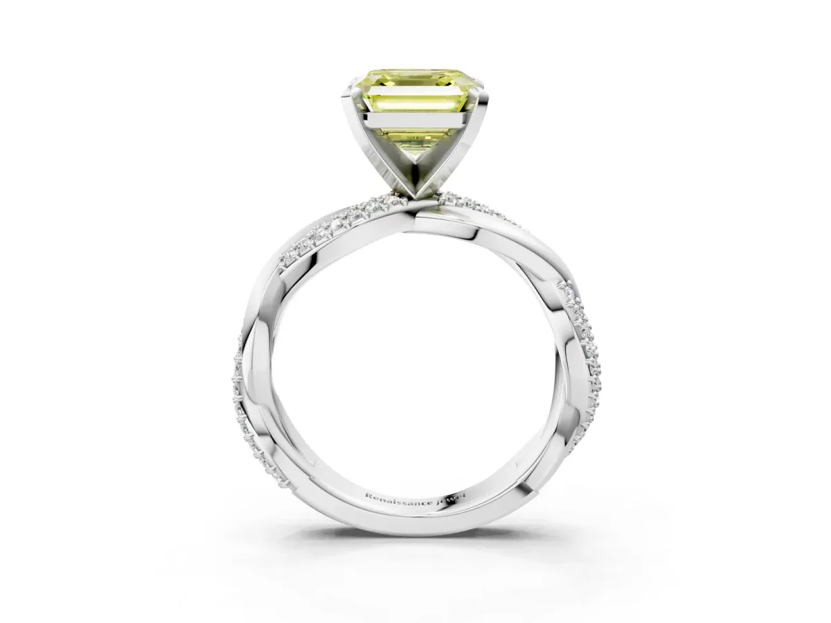 Fancy Yellow Asscher Cut Solitaire Twist Band with Pave Prong Setting Platinum