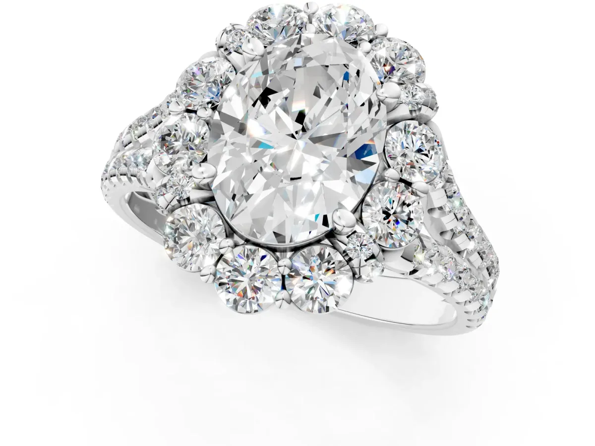 Oval Cut Halo Split Shank Diamond Engagement Ring with Pave Band and Four-Prong Setting Silver