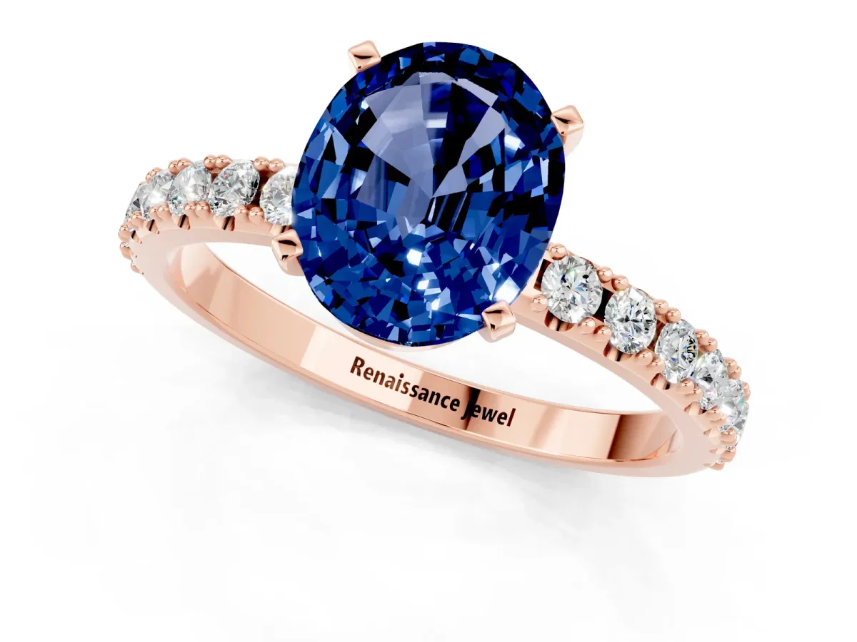 Oval Cut Blue Sapphire Solitaire Pavé Band with Four-Prong Setting Rose gold