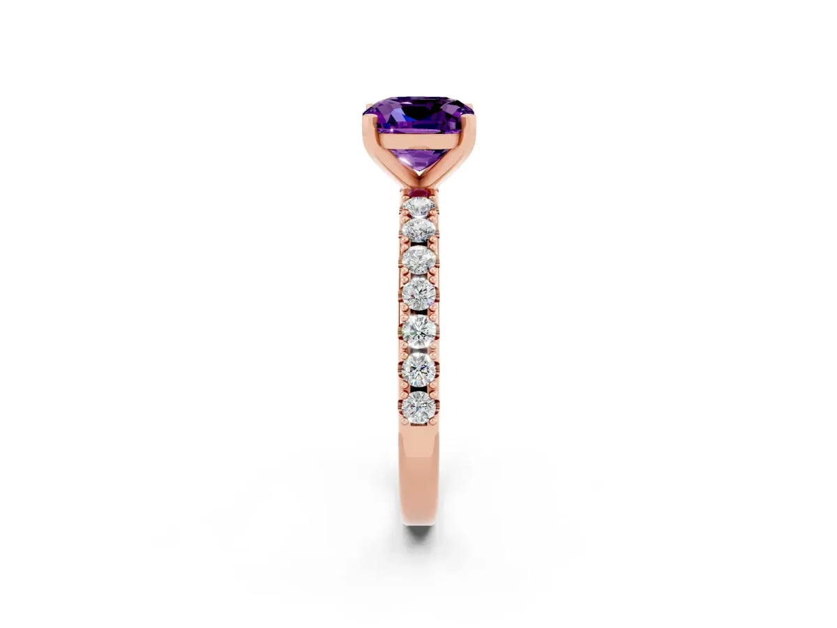 Cushion Cut Amethyst Solitaire Pavé Band with Four-Prong Setting Rose gold