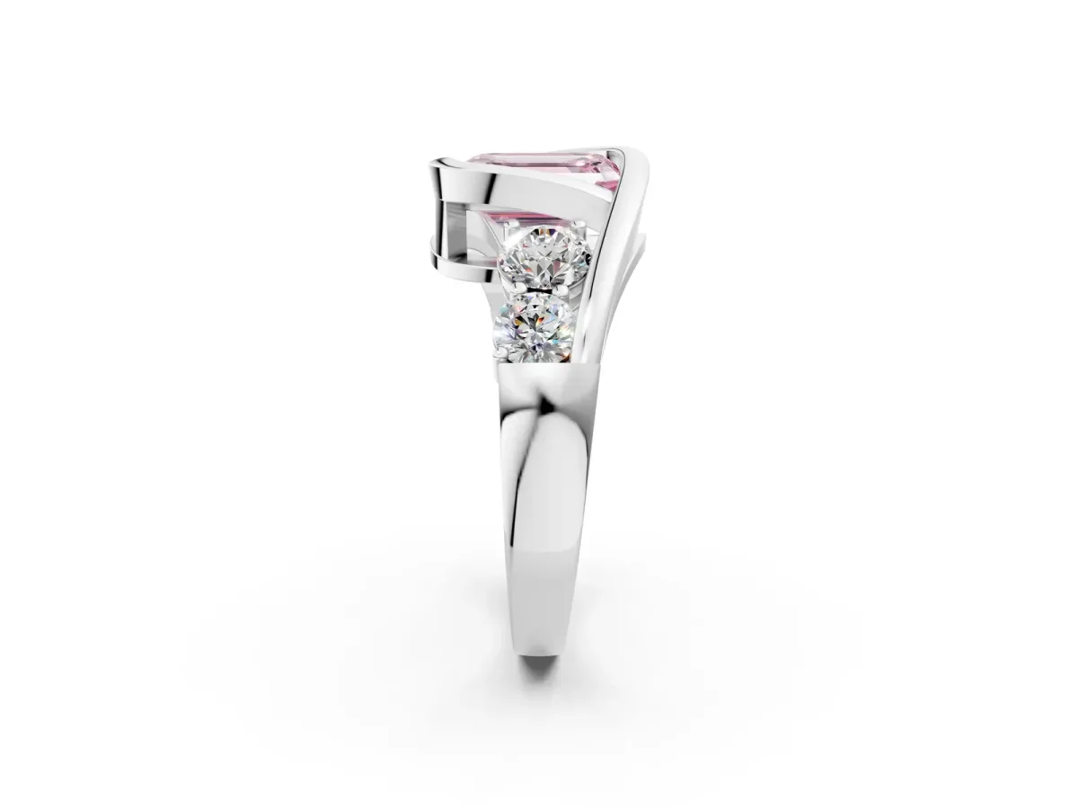 Fancy Pink Bezel Set Emerald Cut Diamond Bypass Ring with Round Accents Silver