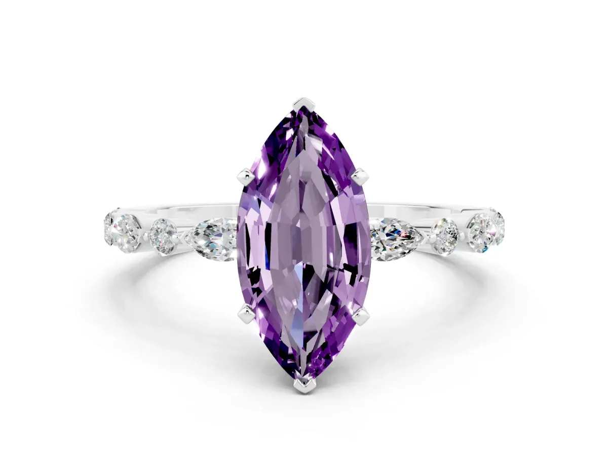 Marquise Cut Amethyst Ring with Marquise and Round Side Stones and Four-Prong Setting Silver