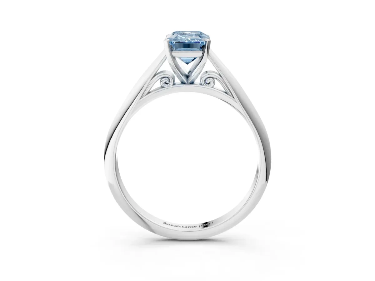 Fancy Blue Emerald Cut Diamond Solitaire Engagement Ring with Cathedral Setting and Four-Prong Mount White gold