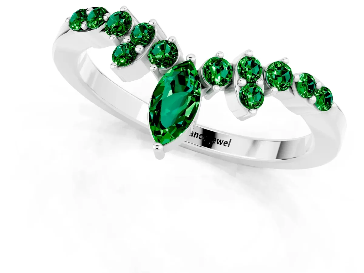 Marquise and Round Emerald Chevron Band with Prong Setting White gold
