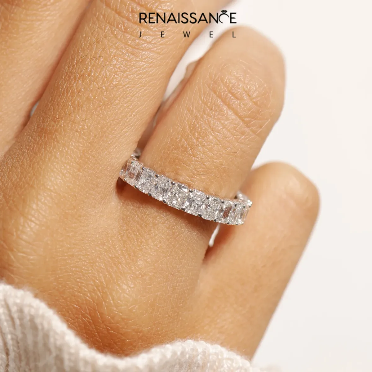radiant Cut eternity band with shared prong setting White gold