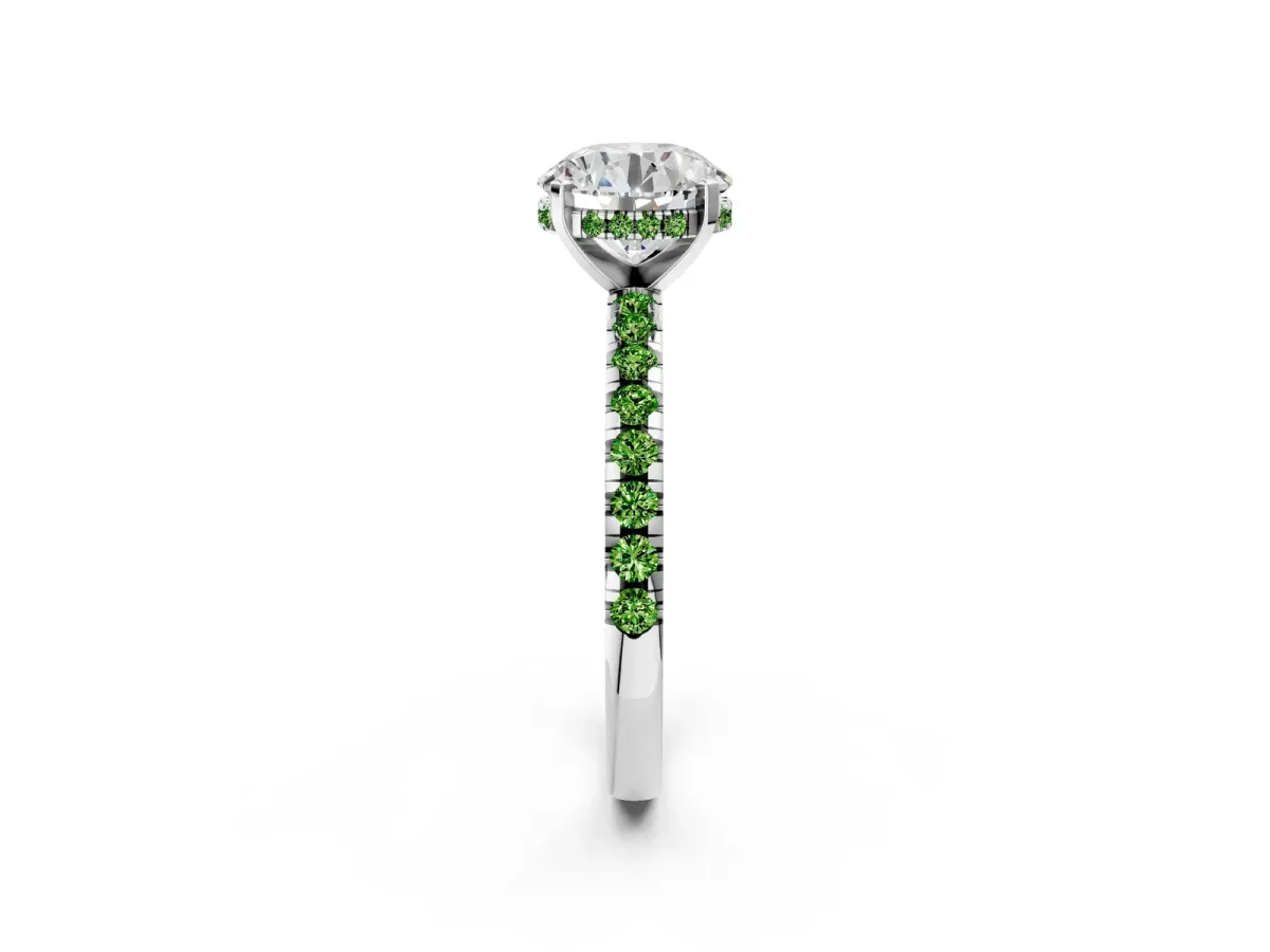 Round Cut Diamond Solitaire Ring with Round Peridot Pavé Band and Four-Prong Setting Silver