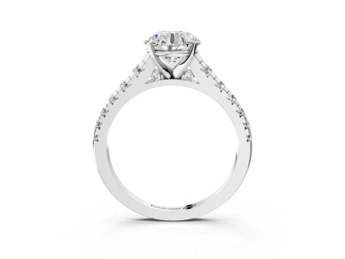 Round Cut Diamond Cathedral Solitaire Ring with Round Moissanite Pavé Band Silver