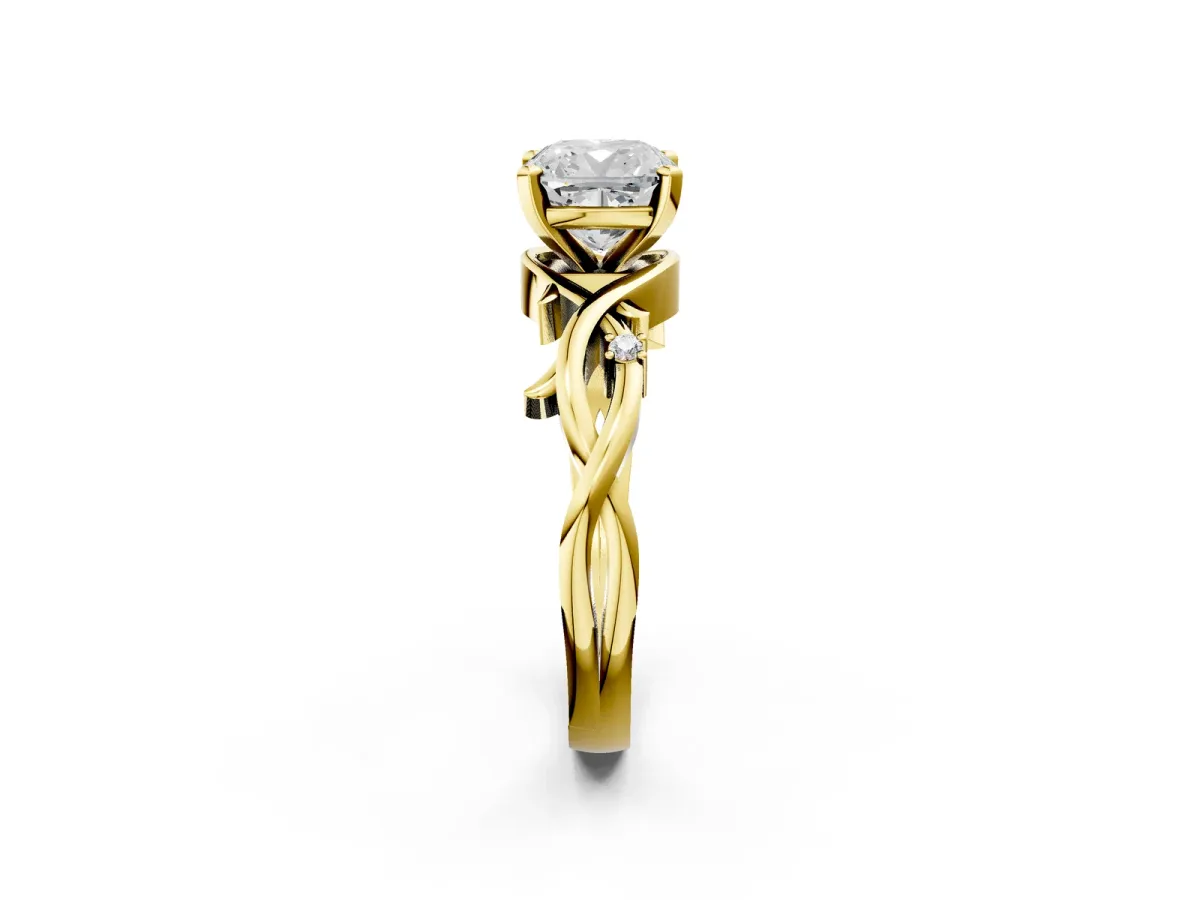 Cushion Cut Diamond Solitaire Ring with Twisted Band and Prong Setting Yellow gold