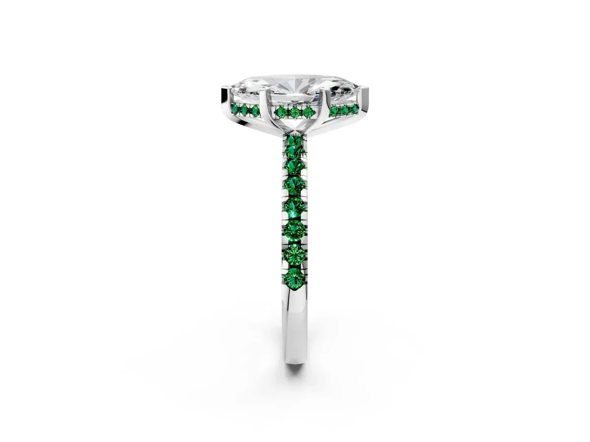 Marquise Cut Diamond Solitaire Ring with Round Emerald Pavé Band and Four-Prong Setting Silver