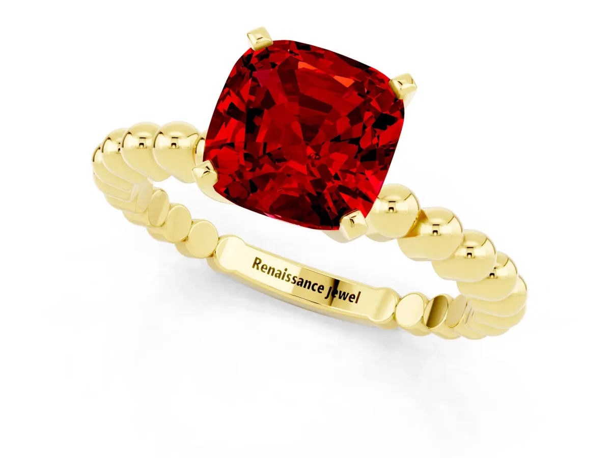Cushion Cut Ruby Solitaire Ring with Beaded Band and Prong Setting Yellow gold