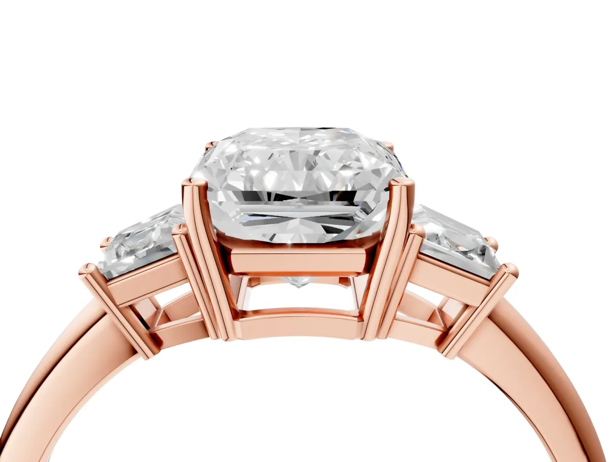 Radiant Cut Diamond Three-Stone Ring with Trapezoid Side Stones and Prong Setting Rose gold