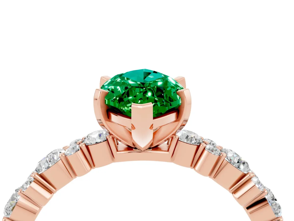 Marquise Cut Emerald Side Stone Solitaire Ring with Round and Four-Prong Setting Rose gold