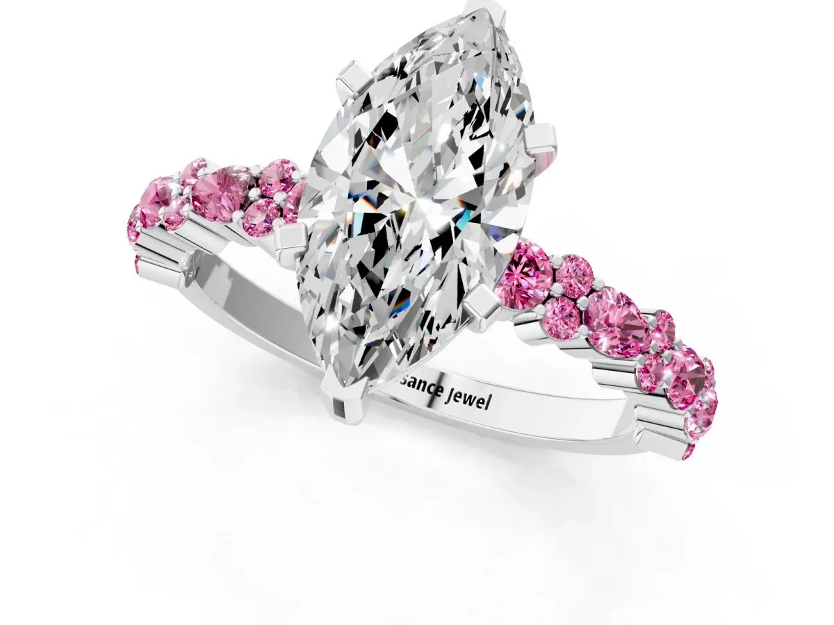 Marquise Cut Diamond Side Stone Solitaire Ring with Round Pink Sapphire and Four-Prong Setting Silver
