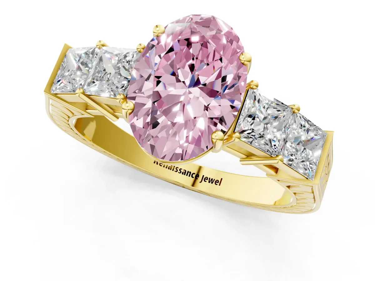 Fancy Pink Oval Cut Solitaire Princess Side Stone Engraved Band Prong Setting Ring Yellow gold