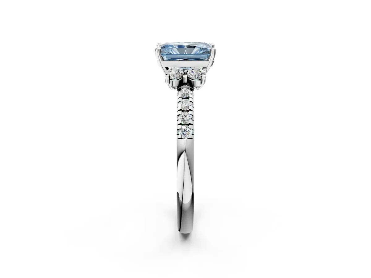 Fancy Blue Radiant Cut Diamond Three-Stone Pave Band with Four-Prong Setting Platinum