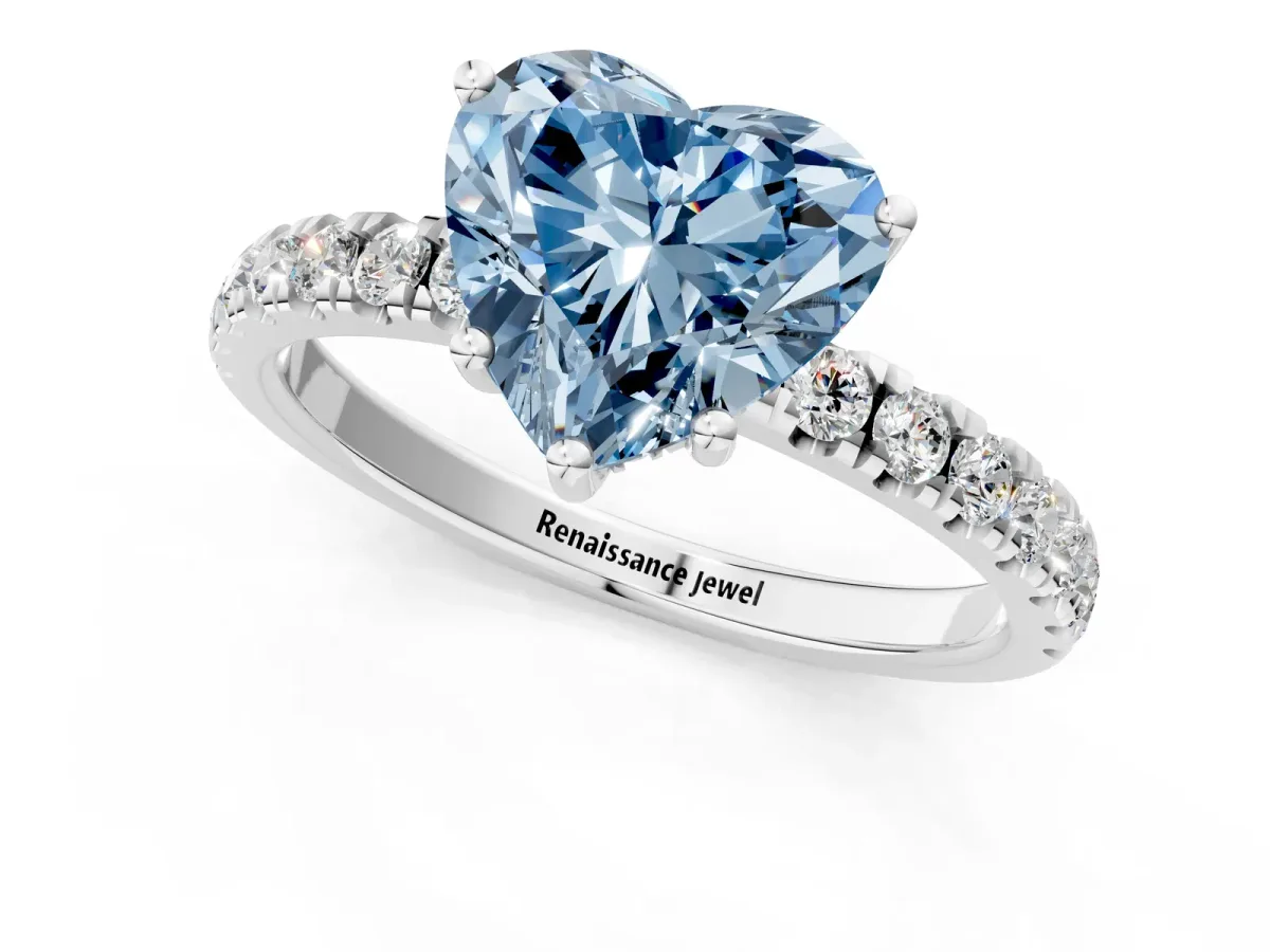 Fancy Blue Heart Cut Diamond Pave Band Solitaire Ring with Round and Prong Setting Platinum