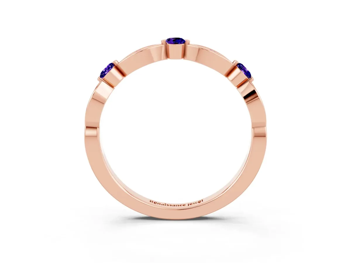 Marquise and Round Tanzanite Milgrain Band with Bezel Setting Rose gold