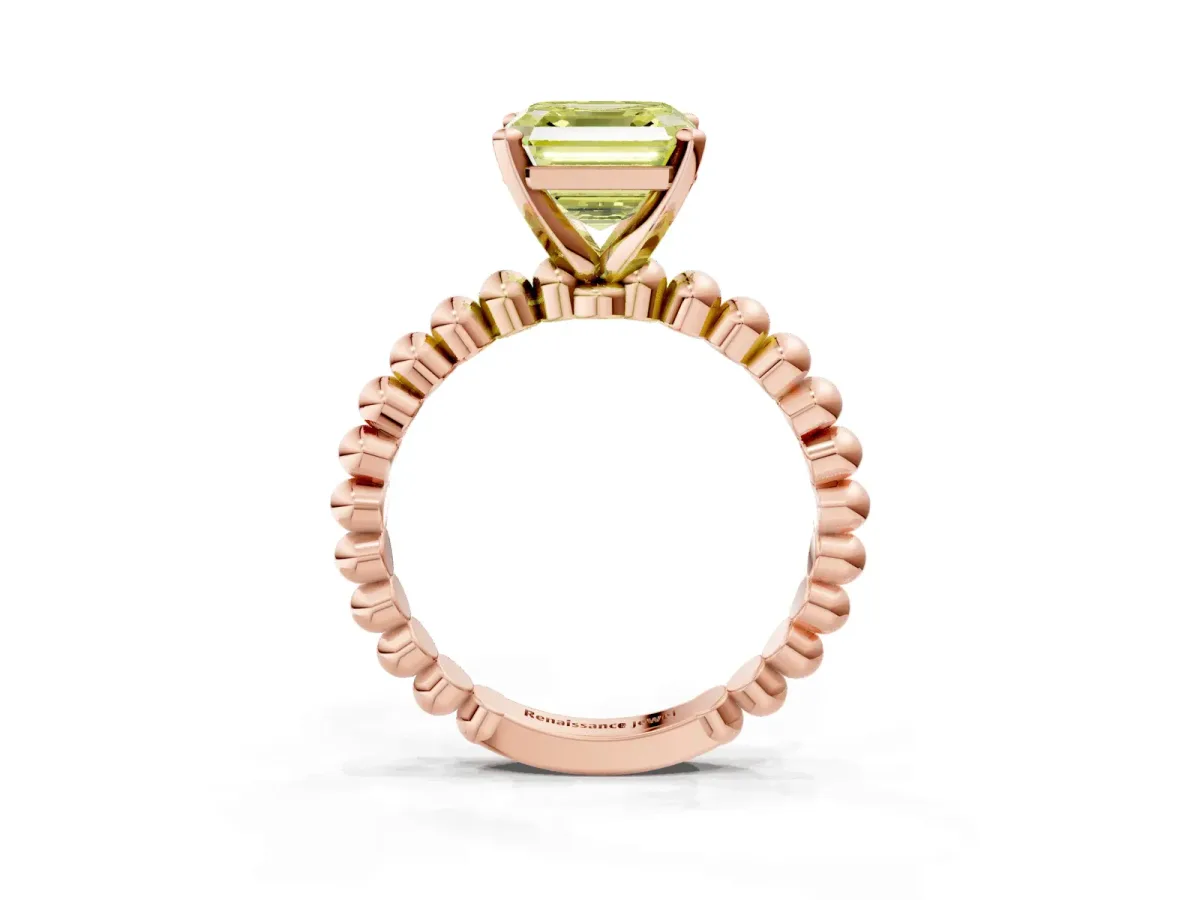 Fancy Yellow Asscher Cut Diamond Solitaire Ring with Beaded Band and Prong Setting Rose gold