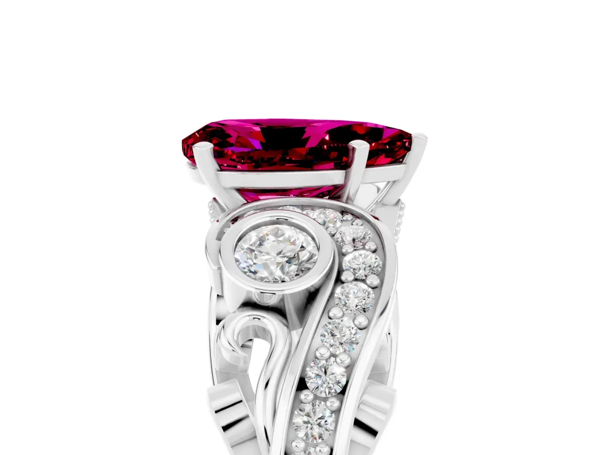 Pear Cut Garnet Solitaire Ring with Milgrain Pavé Band and Four-Prong Setting Silver