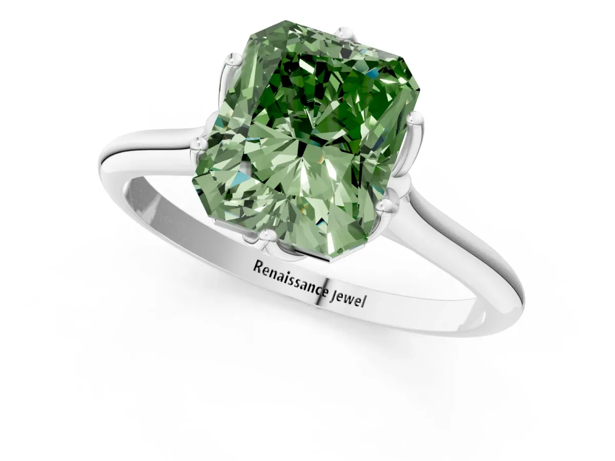 Fancy Green Radiant Cut Solitaire Cathedral Diamond Ring with Six-Prong Setting Platinum
