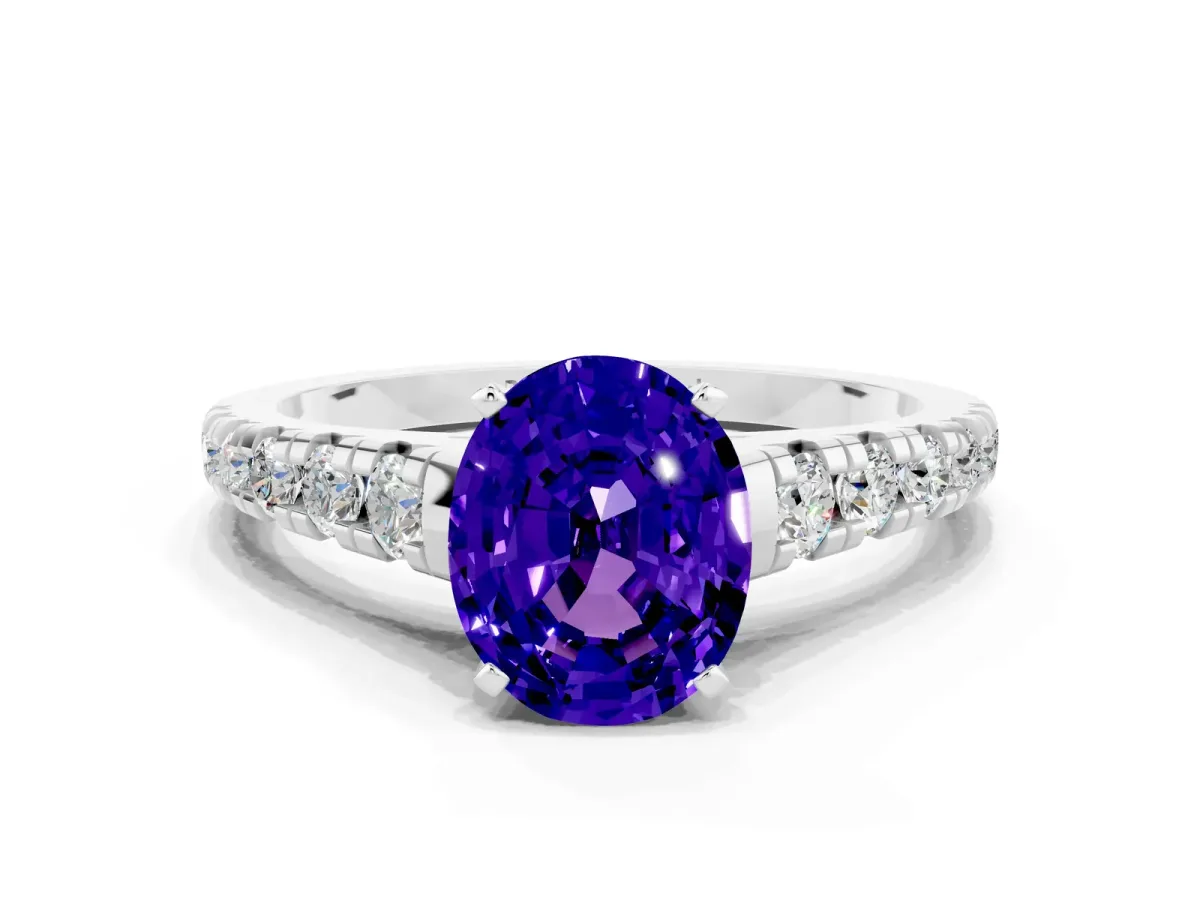 Oval Cut Tanzanite Cathedral Solitaire Ring with Round Pavé Band Silver