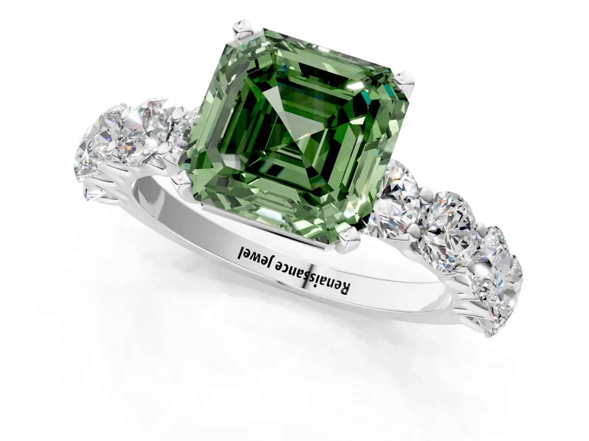Fancy Green Asscher Cut Diamond Prong Setting with Side Stones on a Pave Band Silver