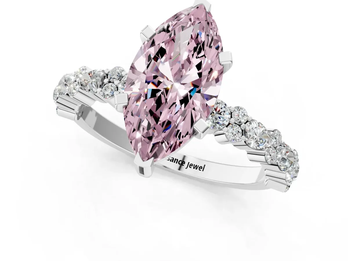 Fancy Pink Marquise Cut Diamond Side Stone Solitaire Ring with Round and Four-Prong Setting Silver