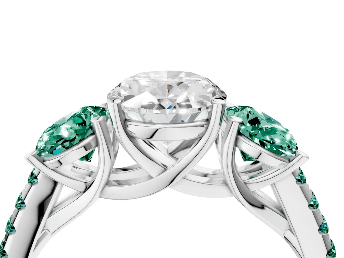 Three-Stone Oval Cut Diamond Ring with Round Green Sapphire Pavé Band and Prong Setting Silver