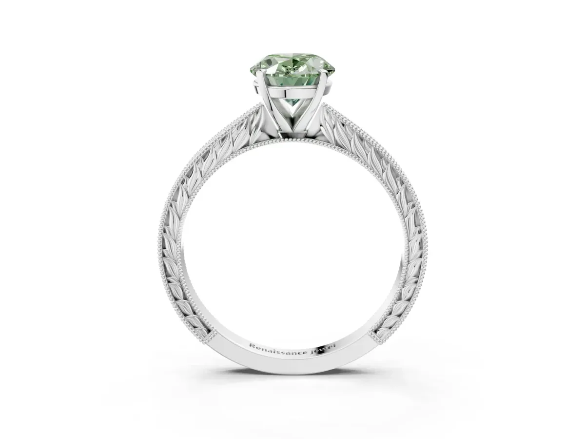 Fancy Green Oval Cut Solitaire Milgrain Engraved Band with Four-Prong Setting White gold