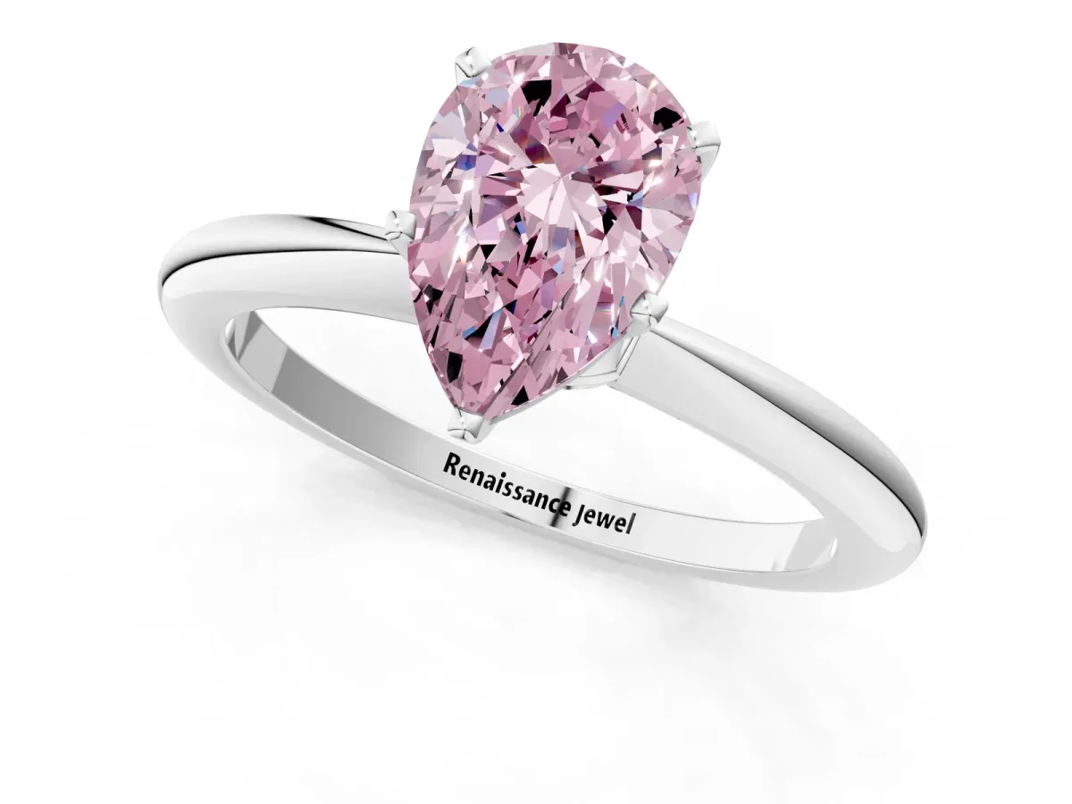 Fancy Pink Pear Cut Diamond Solitaire Ring with Six-Prong Setting and Classic Band Silver