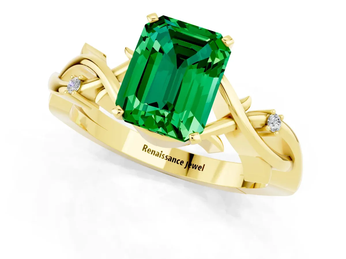 Emerald Cut Emerald Solitaire Ring with Twisted Band and Prong Setting Yellow gold