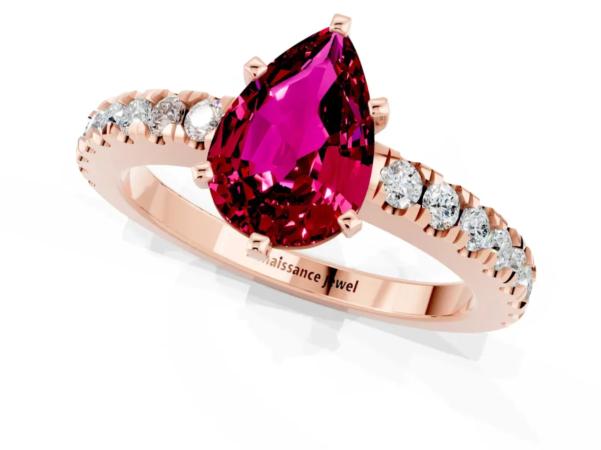 Pear Cut Solitaire Garnet with Pavé Band and Four-Prong Setting Rose gold