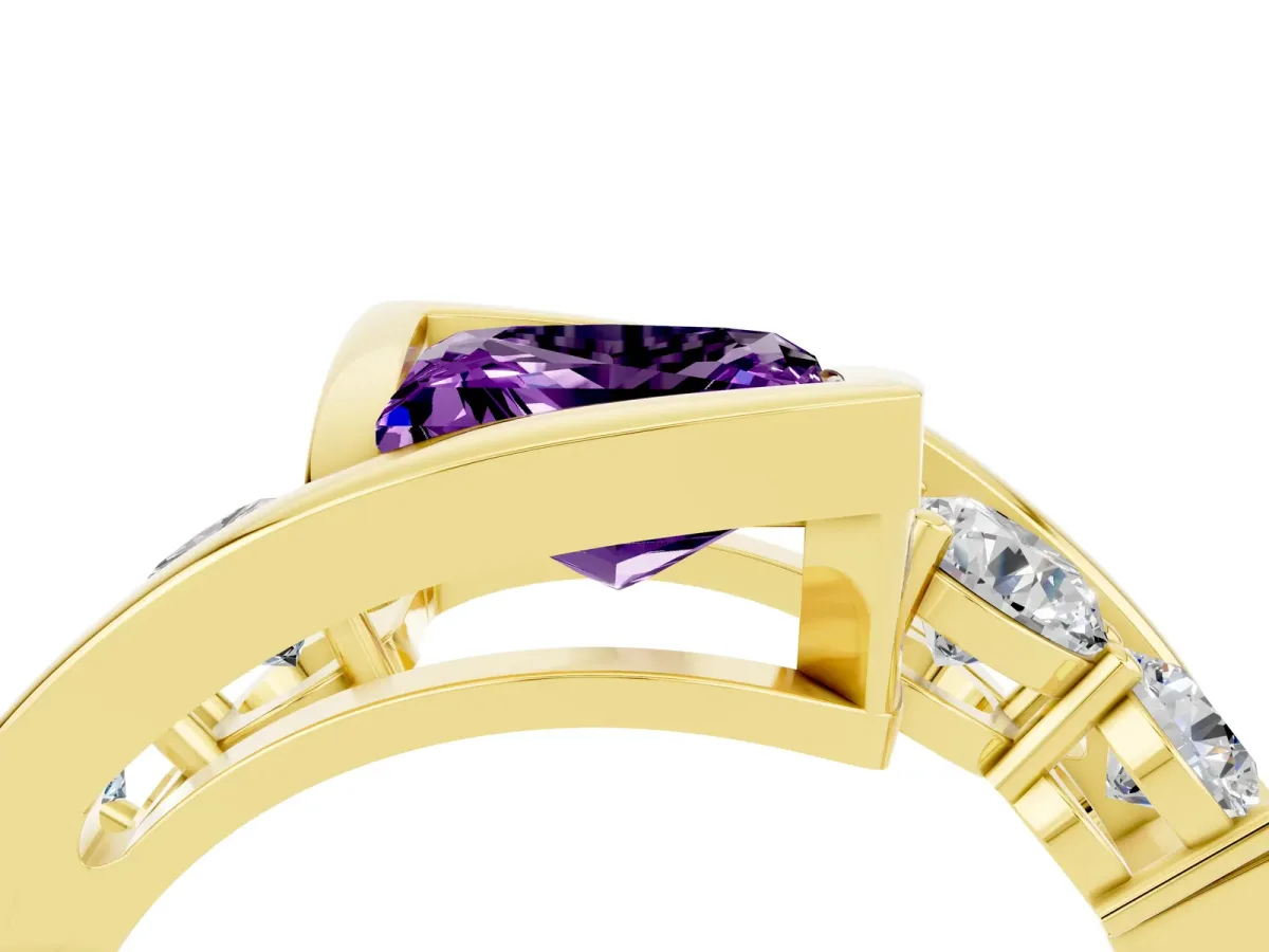 Bezel Set Princess Cut Amethyst Bypass Ring with Round Accents Yellow gold