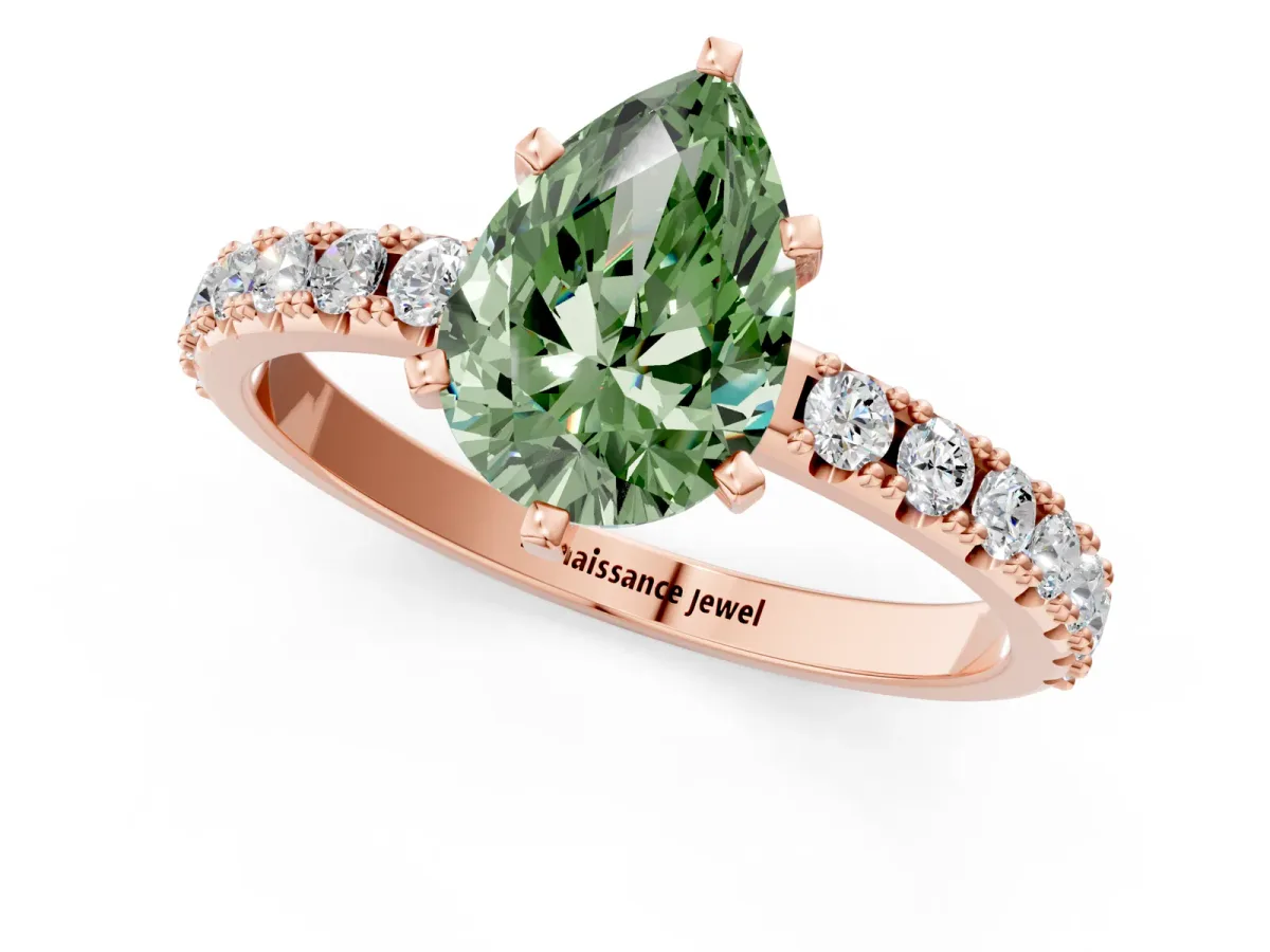 Fancy Green Pear Cut Diamond Solitaire Pavé Band with Four-Prong Setting Rose gold
