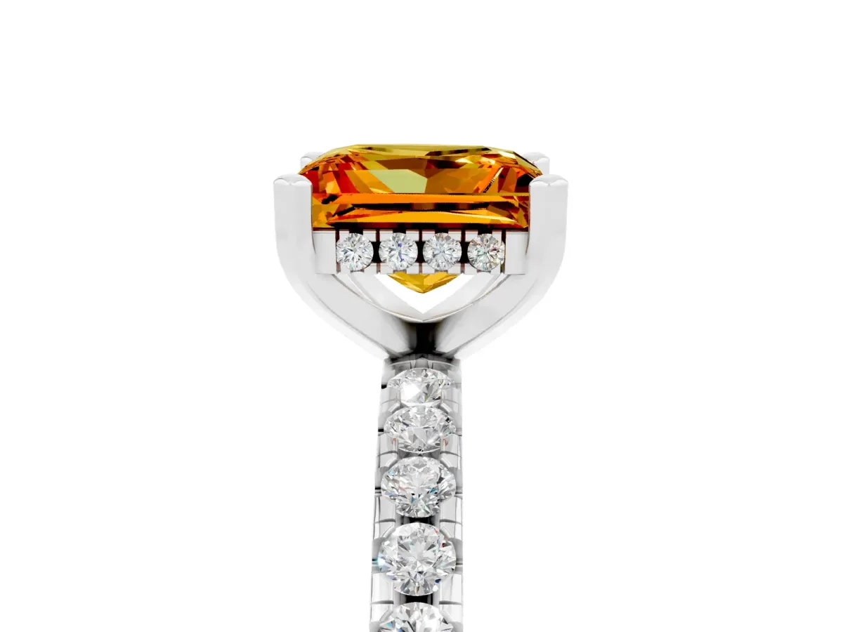 Princess Cut Citrine Solitaire Ring with Round Pavé Band and Four-Prong Setting Silver