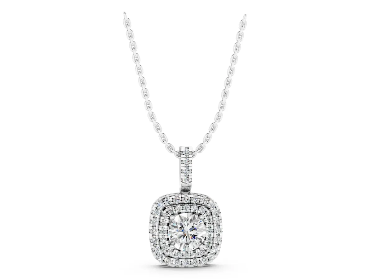 Double Halo Round Diamond Pendant with Pavé Setting and Prong Setting Silver