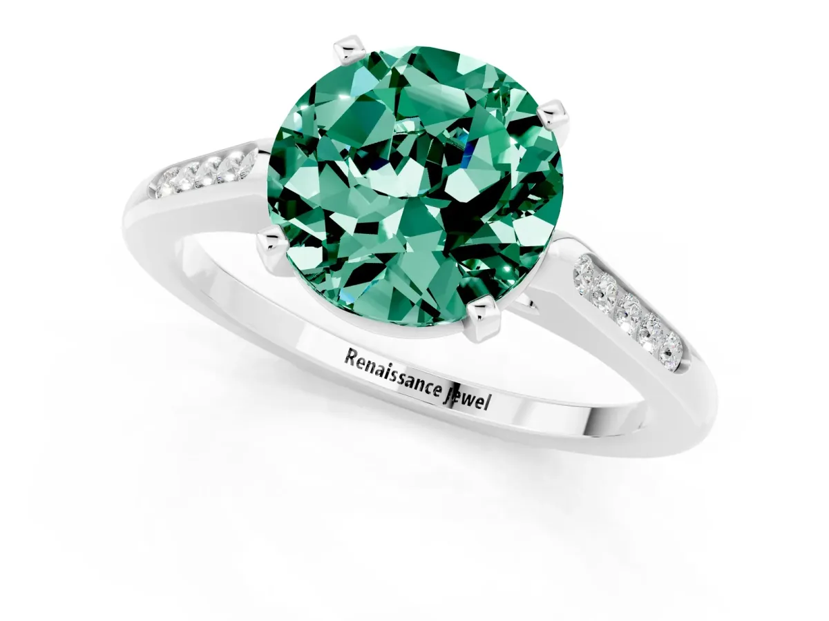 Round Cut Green Sapphire Solitaire Ring with Channel Set Round Band and Prong Setting Silver