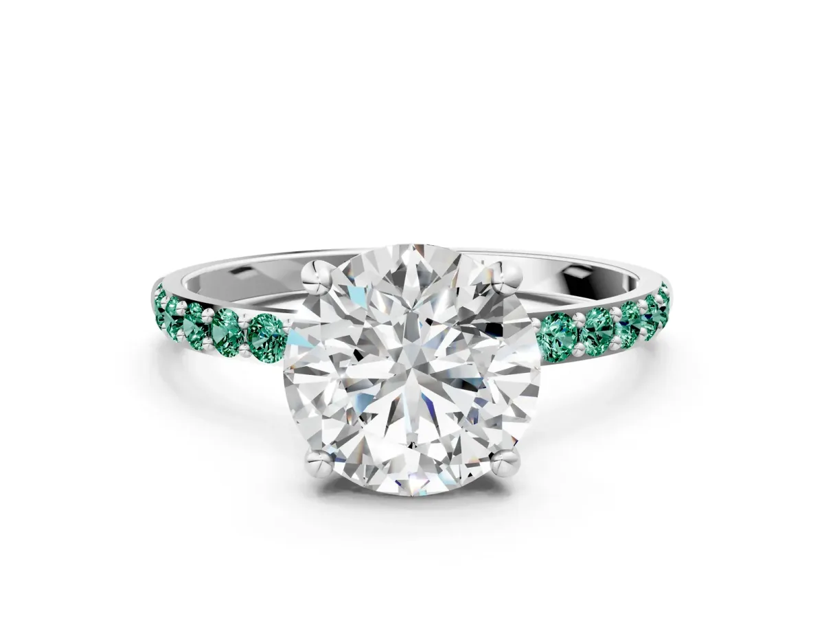 Round Cut Diamond Solitaire Ring with Round Green Sapphire Pavé Band and Prong Setting Silver