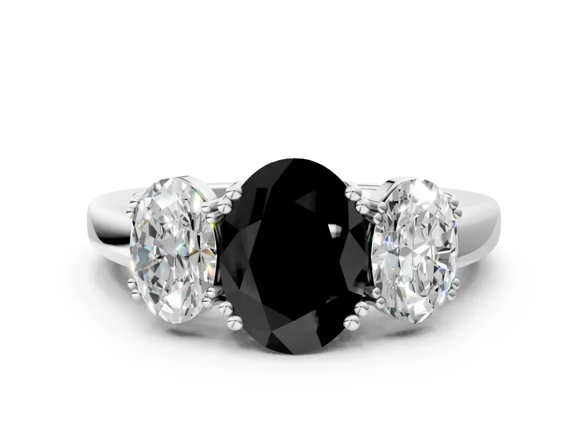 Fancy Black Three-Stone Oval Cut Cut Diamond Ring with Channel Set Band and Four-Prong Setting Silver