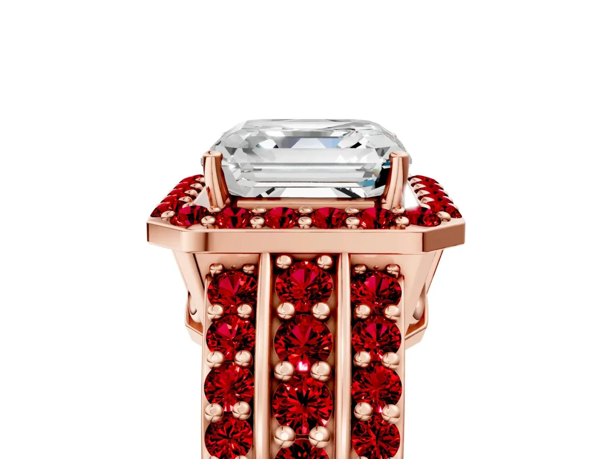 Asscher Cut Halo Diamond Ring with Round Ruby Split Shank and Prong Setting Rose gold
