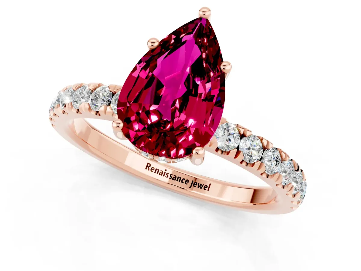 Pear Cut Garnet Pave Band Solitaire Ring with Round and Prong Setting Rose gold
