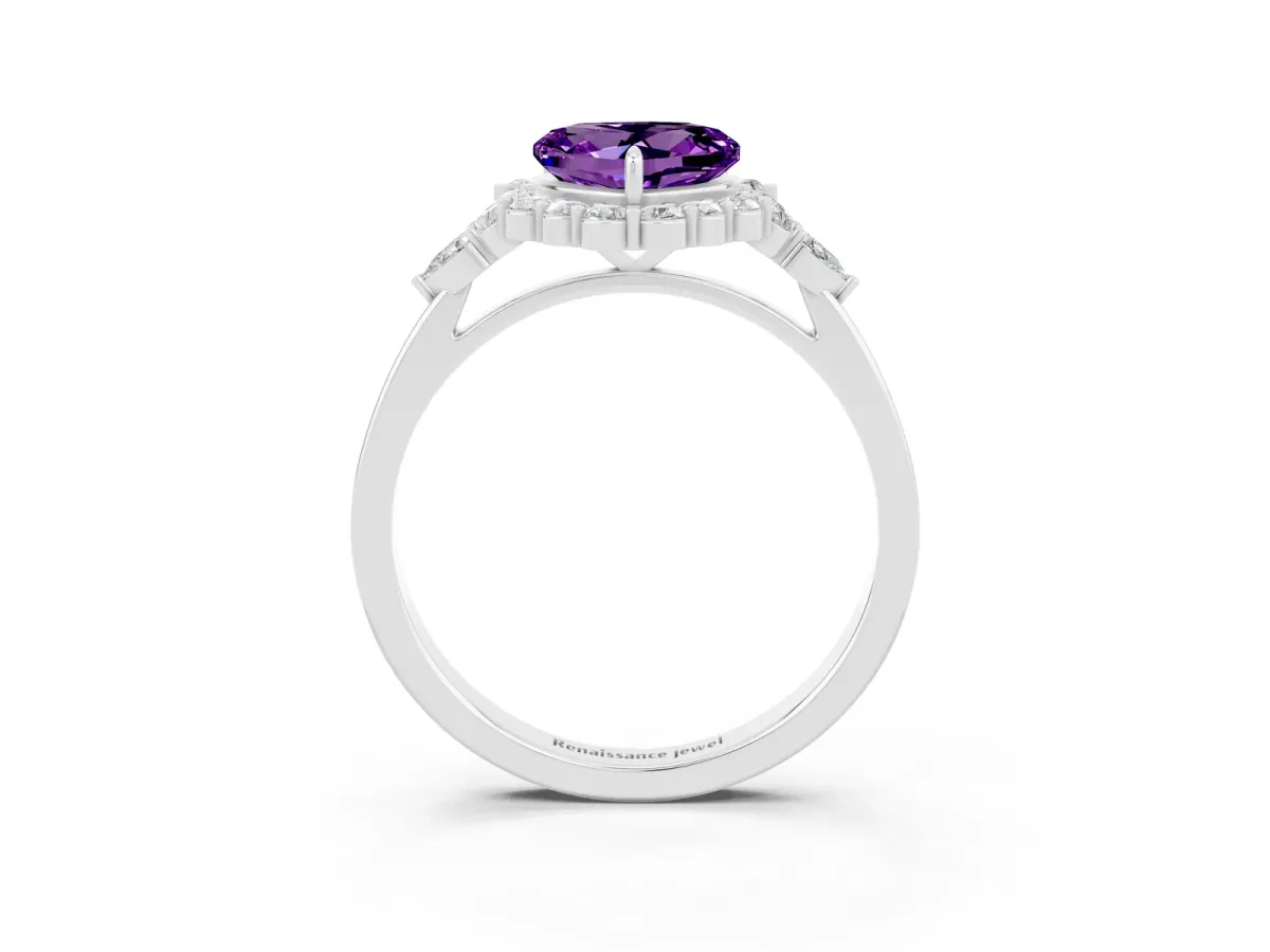 Heart Cut Amethyst Halo Ring with Pear Side Stones and Prong Setting Silver