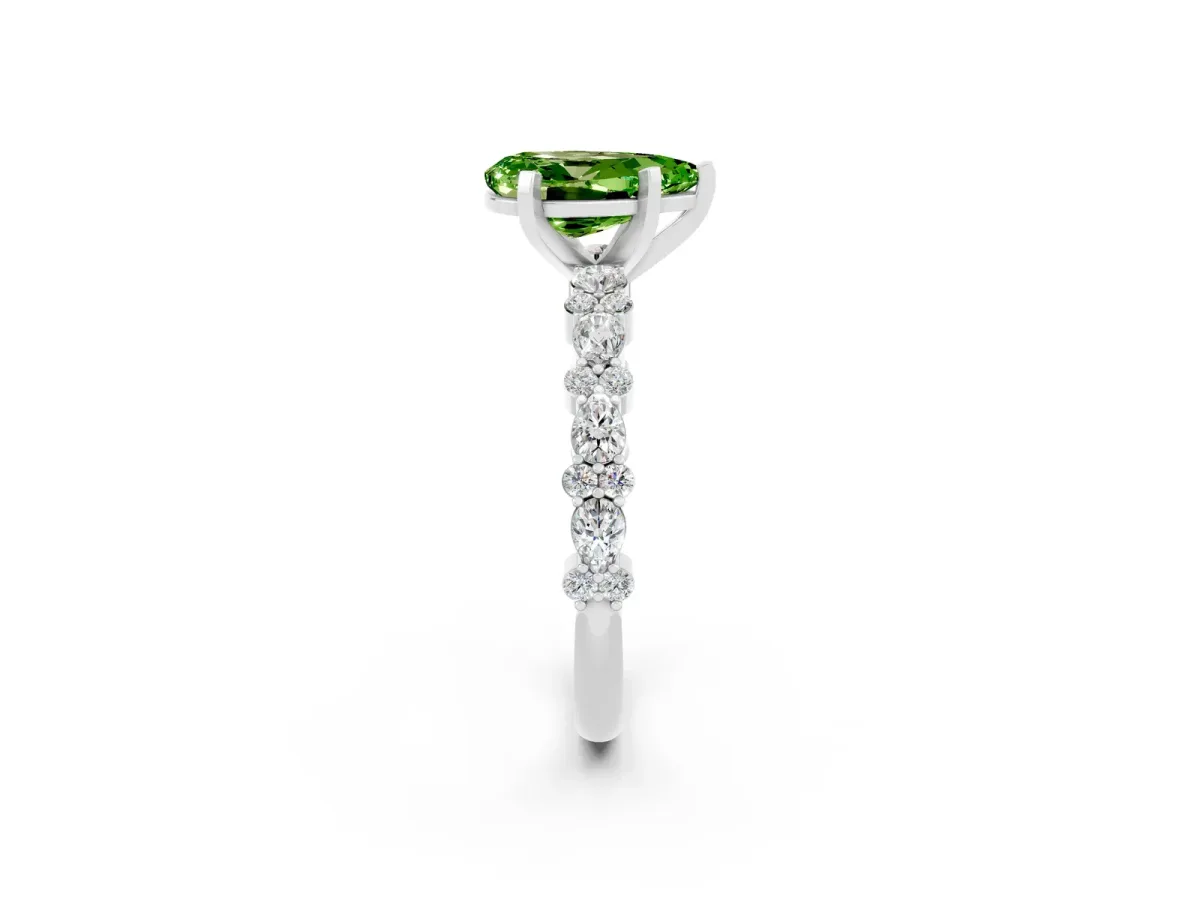 Pear Cut Peridot Side Stone Solitaire Ring with Round and Four-Prong Setting White gold