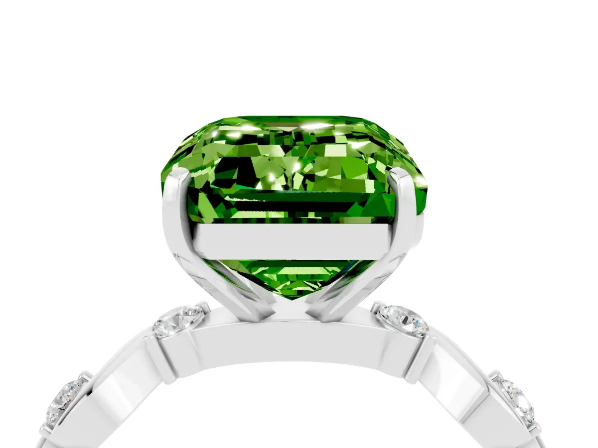 Emerald Cut Peridot Solitaire Twisted Band with Round Accents and Prong Setting Silver