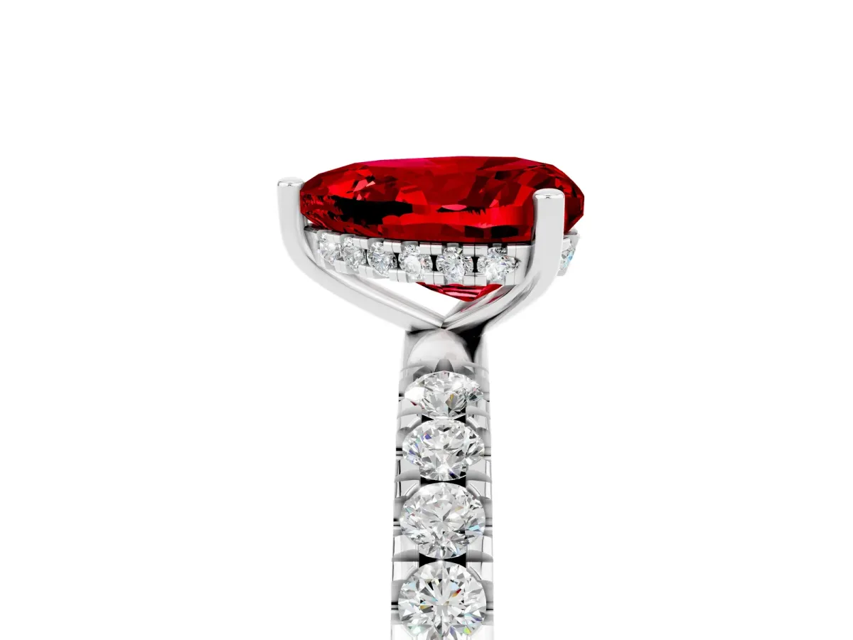 Heart Cut Ruby Pave Band Solitaire Ring with Round and Prong Setting Platinum