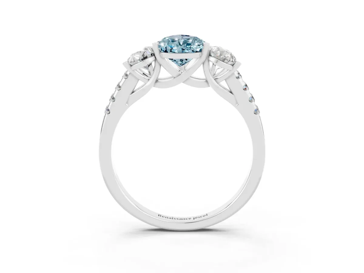 Three-Stone Pear Cut Aquamarine Ring with Round Pavé Band and Prong Setting Silver