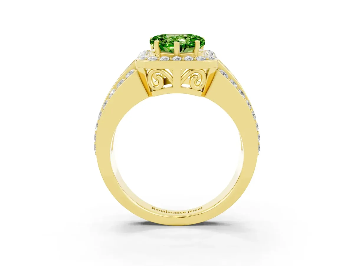 Heart Cut Halo Peridot Ring with Round Split Shank and Prong Setting Yellow gold