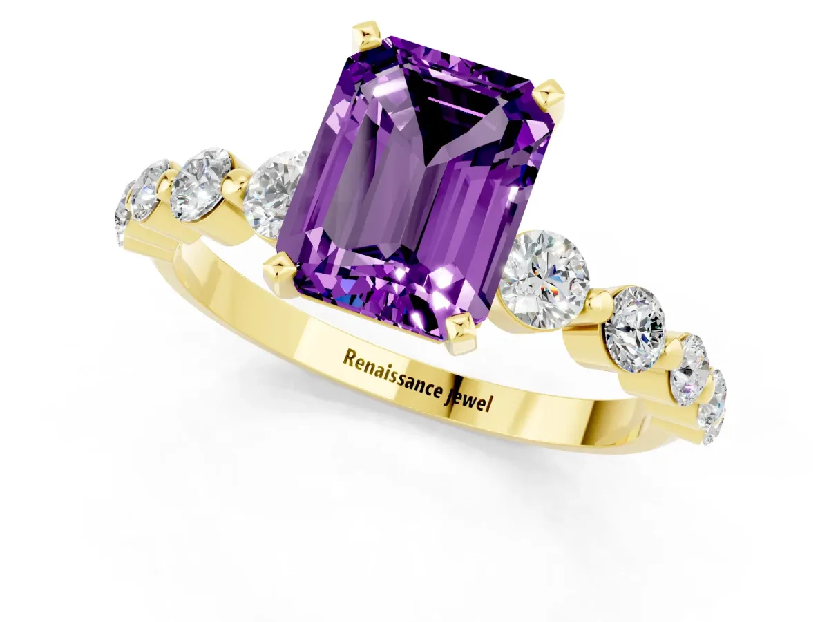 Emerald Cut Solitaire Amethyst Ring with Pave Band and Four-Prong Setting Yellow gold