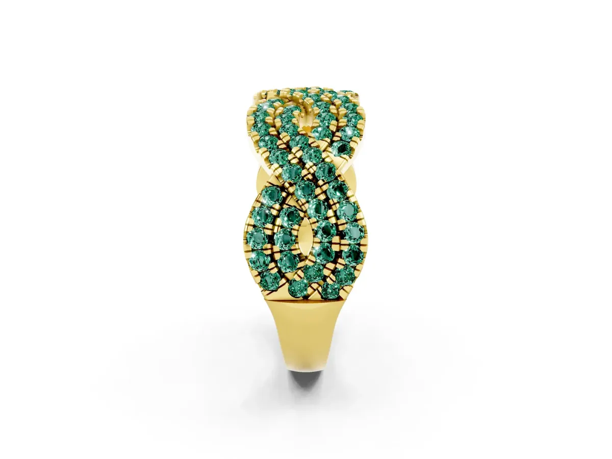 Pavé Round Green Sapphire Infinity Twist Band with Shared Prong Setting Yellow gold