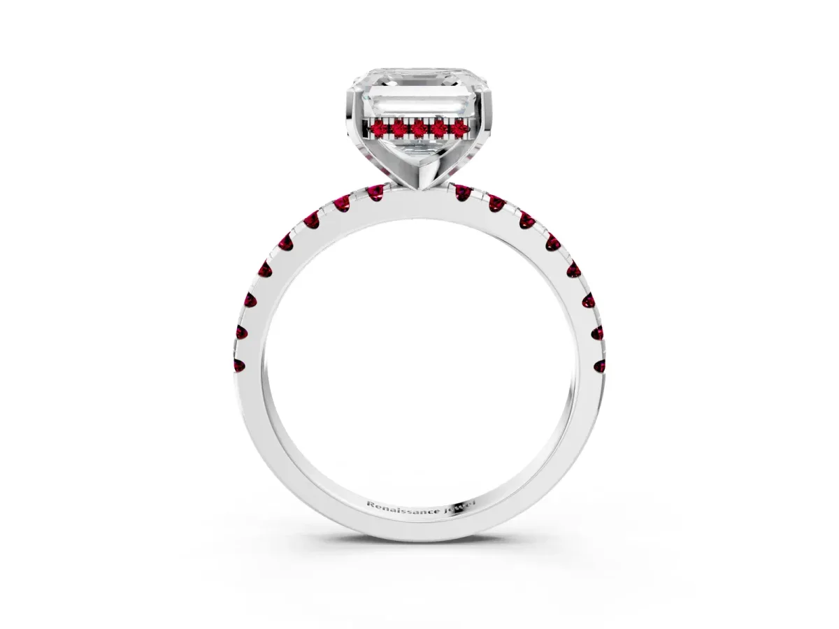 Asscher Cut Diamond Solitaire Ring with Round Garnet Pavé Band and Four-Prong Setting Silver
